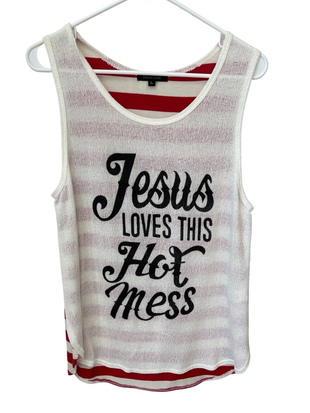 Jesus Loves This Hot Mess Tank Top Women’s Large Mesh Front Striped Back New